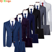Fehér férfi csíkos 3 részes öltöny üzleti Terno Masculino kék fekete kabát és nadrág mellény nagy méretű jelmez Homme 6xl