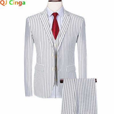 Fehér férfi csíkos 3 részes öltöny üzleti Terno Masculino kék fekete kabát és nadrág mellény nagy méretű jelmez Homme 6xl