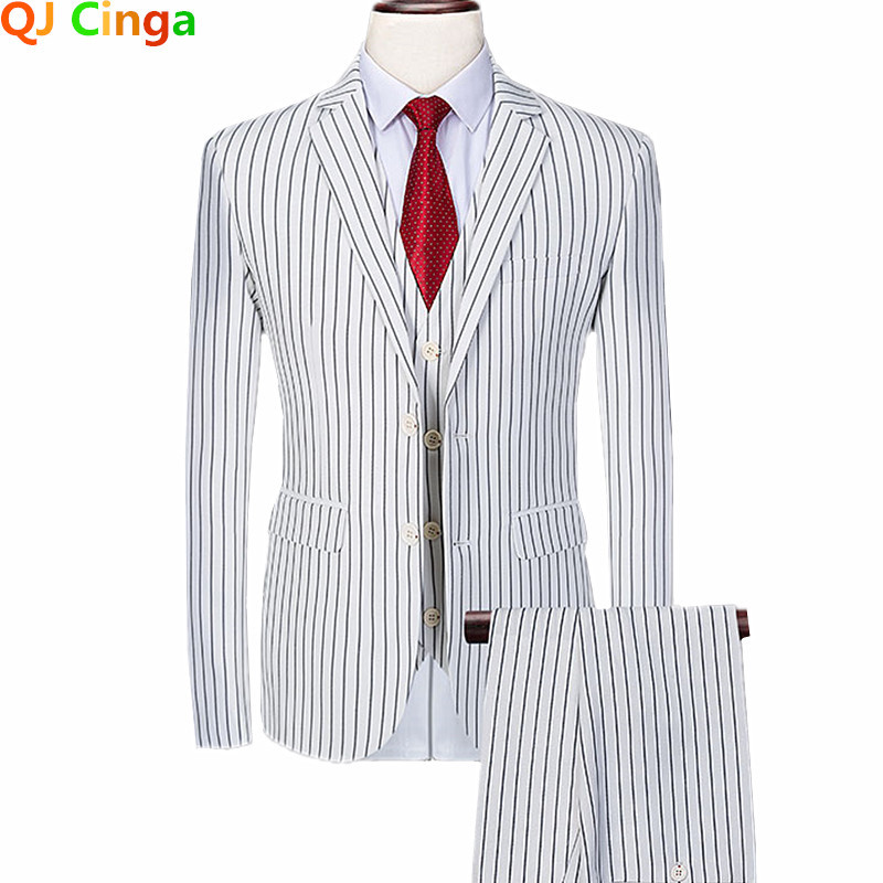 Costum bărbătesc alb cu dungi 3 piese Business Terno Masculino Albastru Negru Jachetă și pantaloni Vestă Plus Size Costum Homme 6xl