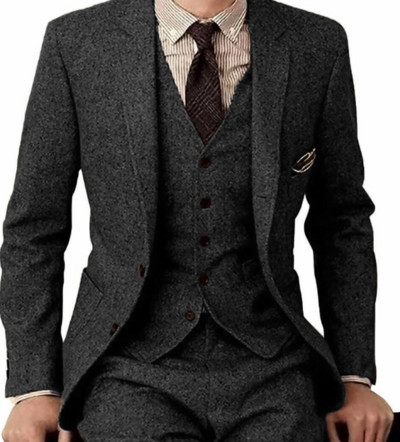 Barna tweed férfi öltönyök 3 részes hivatalos üzleti öltöny szett Egyedi szelíd férfi vőlegény esküvői ruha blézer öltöny (kabát + nadrág + mellény)