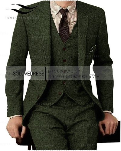 Barna tweed férfi öltönyök 3 részes hivatalos üzleti öltöny szett Egyedi szelíd férfi vőlegény esküvői ruha blézer öltöny (kabát + nadrág + mellény)
