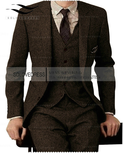 Barna tweed férfi öltönyök 3 részes hivatalos üzleti öltöny szett Egyedi szelíd férfi vőlegény esküvői ruha blézer öltöny (kabát + nadrág + mellény)