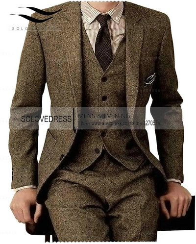 Barna tweed férfi öltönyök 3 részes hivatalos üzleti öltöny szett Egyedi szelíd férfi vőlegény esküvői ruha blézer öltöny (kabát + nadrág + mellény)