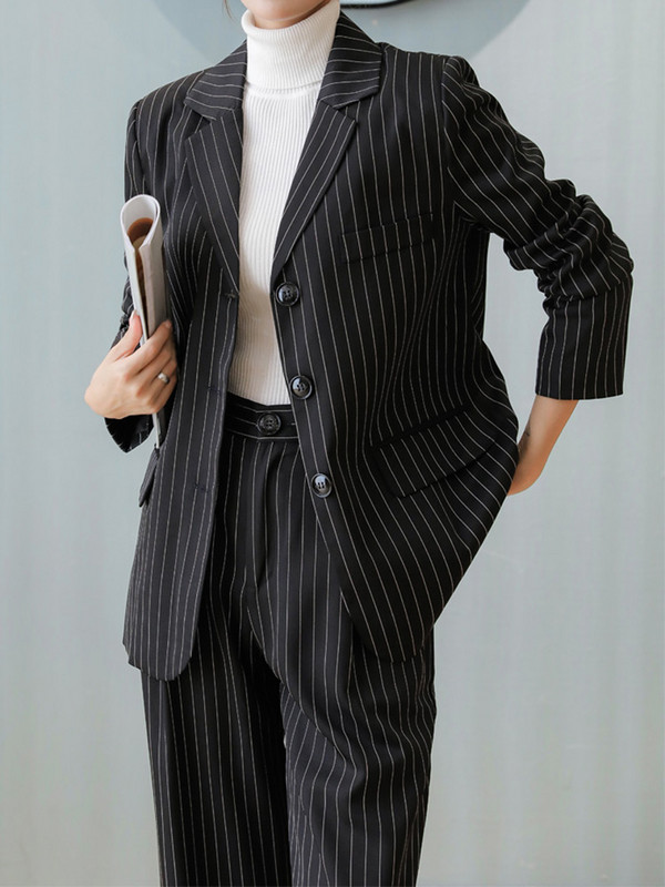 Sungtin Set de blazer elegant cu dungi din două piese pentru femei Jachete cu un singur piept Costum cu pantaloni cu talie înaltă Ținute de bază pentru birou