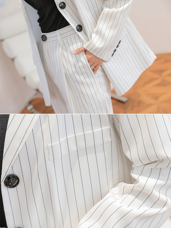 Sungtin Set de blazer elegant cu dungi din două piese pentru femei Jachete cu un singur piept Costum cu pantaloni cu talie înaltă Ținute de bază pentru birou