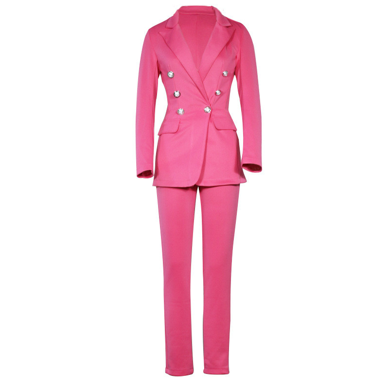 Set de pantaloni blazer roz galben nou, costum de afaceri, două piese, set de blazer pentru damă, culori uni, costume formale cu nasturi