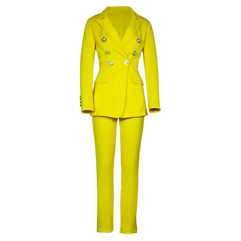 Set de pantaloni blazer roz galben nou, costum de afaceri, două piese, set de blazer pentru damă, culori uni, costume formale cu nasturi