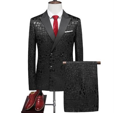 Fehér rózsa mintás kétrészes öltöny férfi esküvői üzleti ruha Kabát és nadrág Divat Slim Fit Terno Masculino M-5XL 6XL