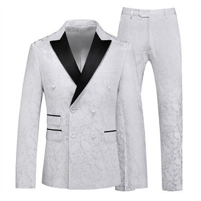 Fehér rózsa mintás kétrészes öltöny férfi esküvői üzleti ruha Kabát és nadrág Divat Slim Fit Terno Masculino M-5XL 6XL