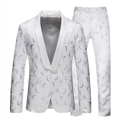 Fehér rózsa mintás kétrészes öltöny férfi esküvői üzleti ruha Kabát és nadrág Divat Slim Fit Terno Masculino M-5XL 6XL