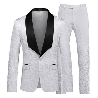 Fehér rózsa mintás kétrészes öltöny férfi esküvői üzleti ruha Kabát és nadrág Divat Slim Fit Terno Masculino M-5XL 6XL