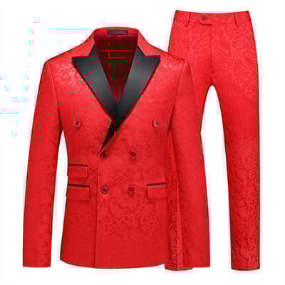 Fehér rózsa mintás kétrészes öltöny férfi esküvői üzleti ruha Kabát és nadrág Divat Slim Fit Terno Masculino M-5XL 6XL