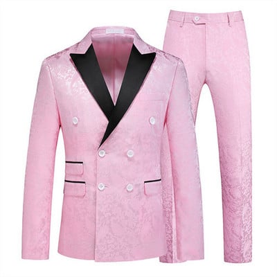 Fehér rózsa mintás kétrészes öltöny férfi esküvői üzleti ruha Kabát és nadrág Divat Slim Fit Terno Masculino M-5XL 6XL