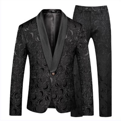 Fehér rózsa mintás kétrészes öltöny férfi esküvői üzleti ruha Kabát és nadrág Divat Slim Fit Terno Masculino M-5XL 6XL