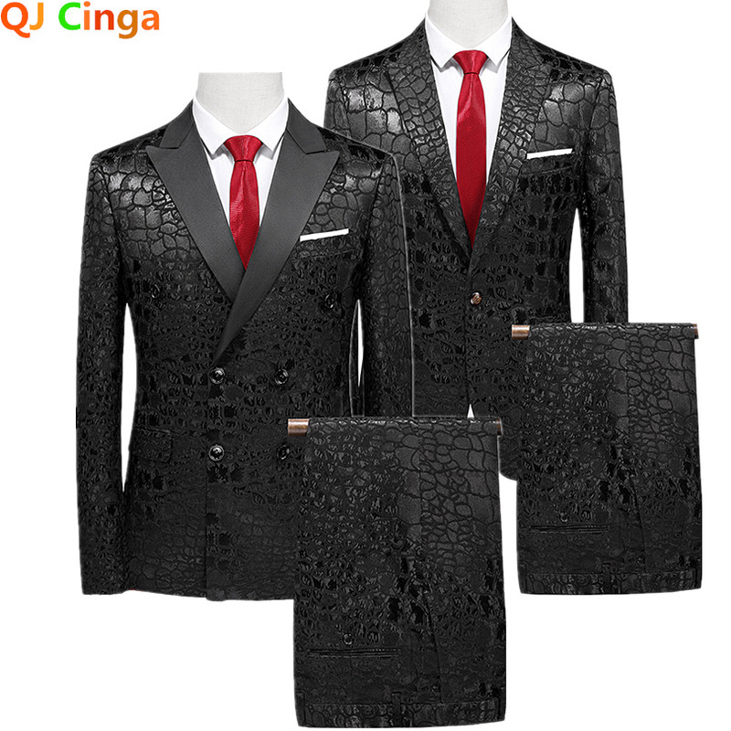 Costum din două piese cu model de trandafiri albi pentru bărbați rochie de afaceri de nuntă, haină și pantaloni, modă, slim fit Terno Masculino M-5XL 6XL