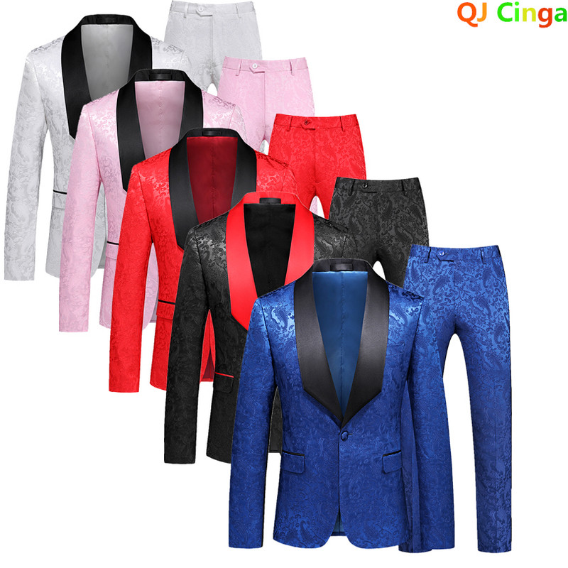 Costum din două piese cu model de trandafiri albi pentru bărbați rochie de afaceri de nuntă, haină și pantaloni, modă, slim fit Terno Masculino M-5XL 6XL