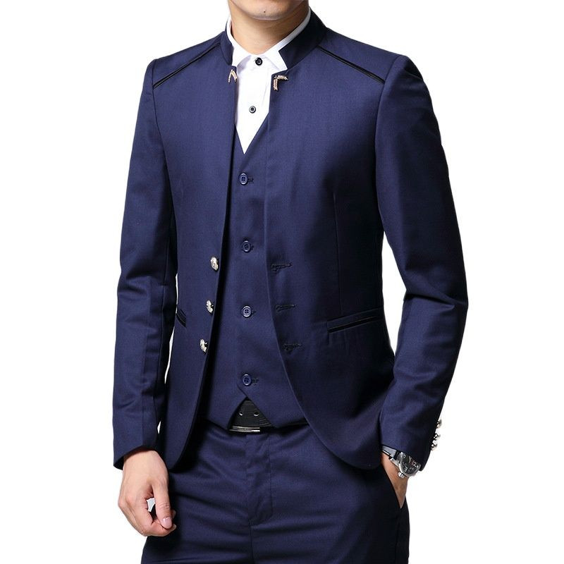 Costum albastru slim fit pentru bărbați Set 3 piese Business Terno Masculino Costum de primăvară toamnă Homme Tuxedo cu guler la un singur piept