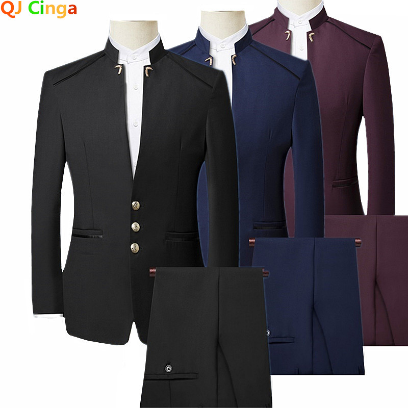 Costum albastru slim fit pentru bărbați Set 3 piese Business Terno Masculino Costum de primăvară toamnă Homme Tuxedo cu guler la un singur piept