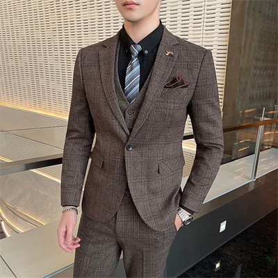 ( kabát + mellény + nadrág ) Boutique Fashion Férfi Kockás alkalmi üzleti öltöny Csúcs közösségi formális öltöny 3 db szett Vőlegény esküvői 5X