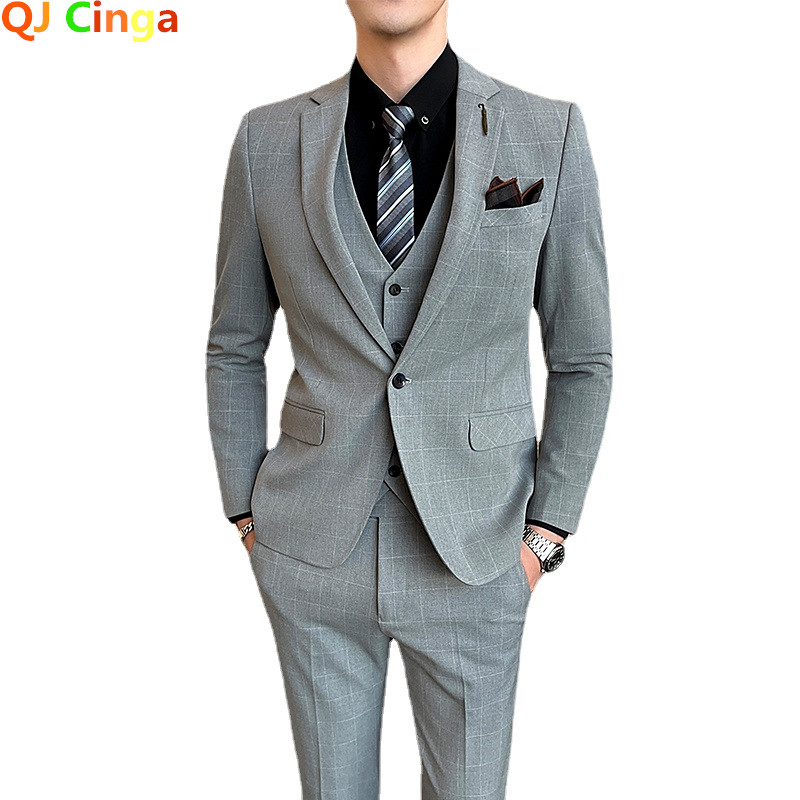 (Jachetă + Vestă + Pantaloni) Boutique Moda Bărbați în carouri Costum de afaceri ocazional Costum formal social de înaltă calitate 3 buc Set Mire Nuntă 5X