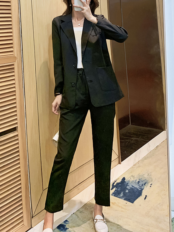 Aelegantmis Set de sacou negru clasic, 2 piese, pentru femei, jachete, pantaloni cu talie înaltă, costume de primăvară, toamnă, îmbrăcăminte de birou pentru femei