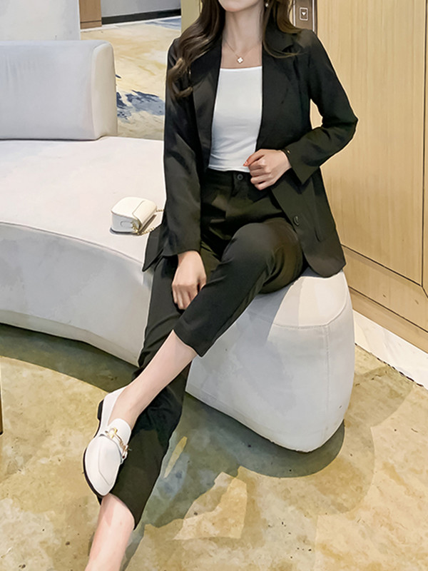 Aelegantmis Set de sacou negru clasic, 2 piese, pentru femei, jachete, pantaloni cu talie înaltă, costume de primăvară, toamnă, îmbrăcăminte de birou pentru femei