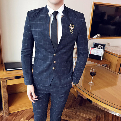 Kék kockás férfi öltöny 2 db egysoros állógallér férfi kabát és nadrág fekete karcsúsított Terno Masculino S-3xl