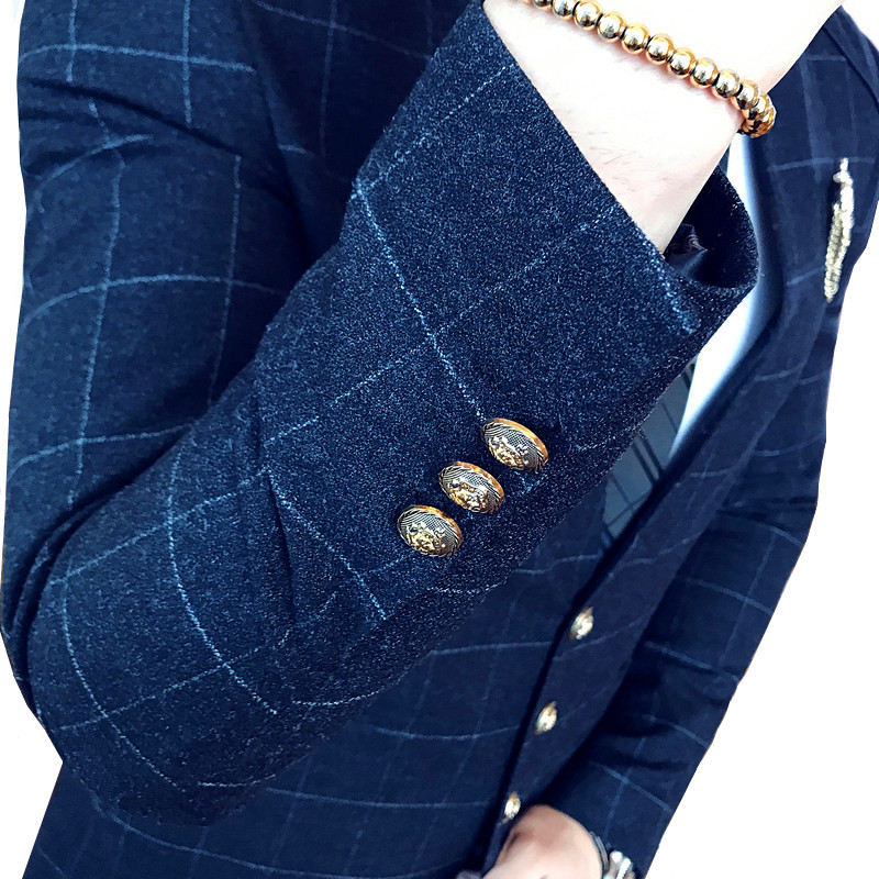 Costum pentru bărbați în carouri albastru 2 piese cu un singur piept guler rochie bărbați haină și pantaloni negru slim fit Terno Masculino S-3xl