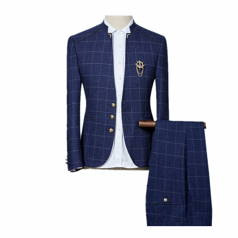 Costum pentru bărbați în carouri albastru 2 piese cu un singur piept guler rochie bărbați haină și pantaloni negru slim fit Terno Masculino S-3xl