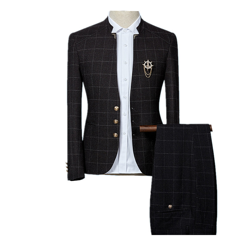 Costum pentru bărbați în carouri albastru 2 piese cu un singur piept guler rochie bărbați haină și pantaloni negru slim fit Terno Masculino S-3xl