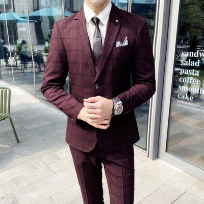 Szürke férfi kockás öltöny 3 részes üzleti alkalmi Terno Masculino divatos karcsú jelmez Homme piros fekete S-5XL
