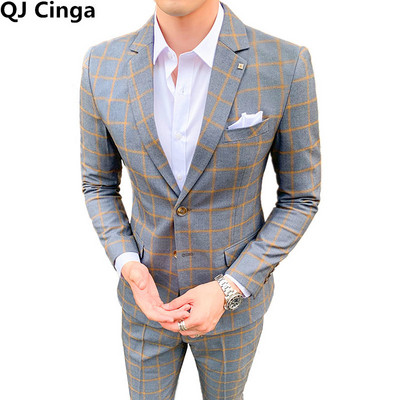 Costum gri pentru bărbați în carouri 3 piese Business Casual Terno Masculino Fashion Slim Costum Homme Roșu Negru S-5XL