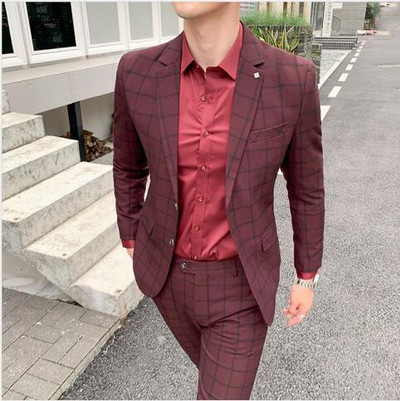 Szürke férfi kockás öltöny 3 részes üzleti alkalmi Terno Masculino divatos karcsú jelmez Homme piros fekete S-5XL