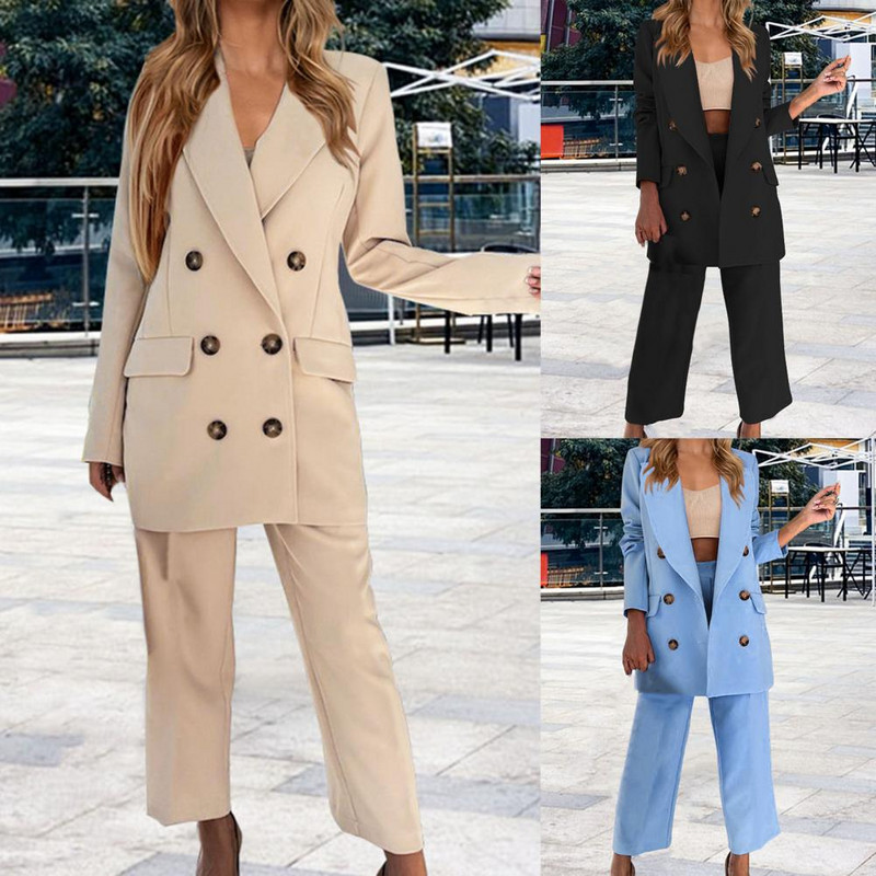 Set pantaloni blazer cu buzunare cu clapetă, culoare uni, două piese, rever dublu, set de blazer de birou pentru damă.