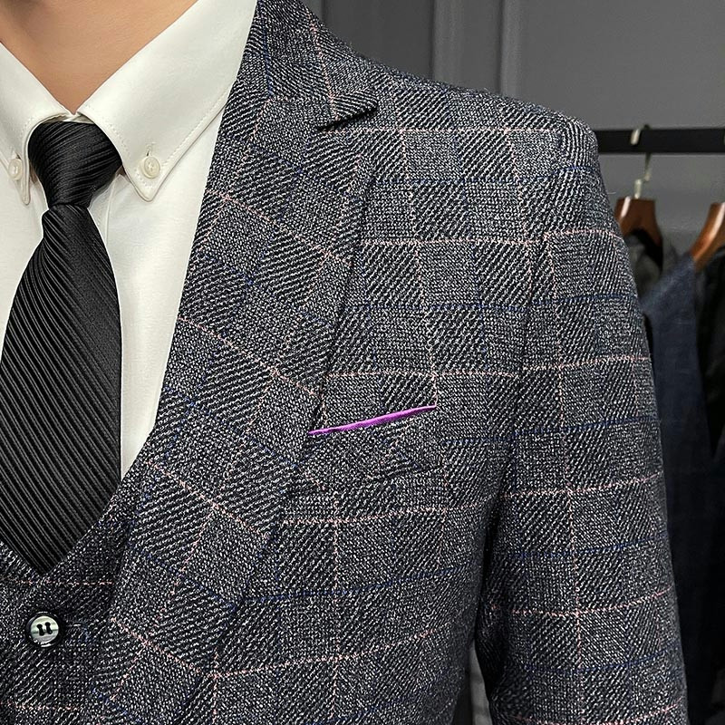 Primăvară, toamnă, nou, gri, carouri, 3 piese, bărbați, rochie, haină și pantaloni, vestă, petrecere de nuntă, Terno Masculino S-5XL