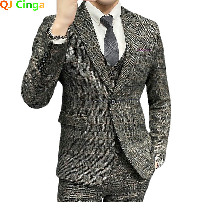 Primăvară, toamnă, nou, gri, carouri, 3 piese, bărbați, rochie, haină și pantaloni, vestă, petrecere de nuntă, Terno Masculino S-5XL