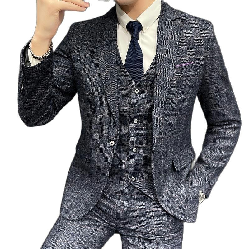 Primăvară, toamnă, nou, gri, carouri, 3 piese, bărbați, rochie, haină și pantaloni, vestă, petrecere de nuntă, Terno Masculino S-5XL