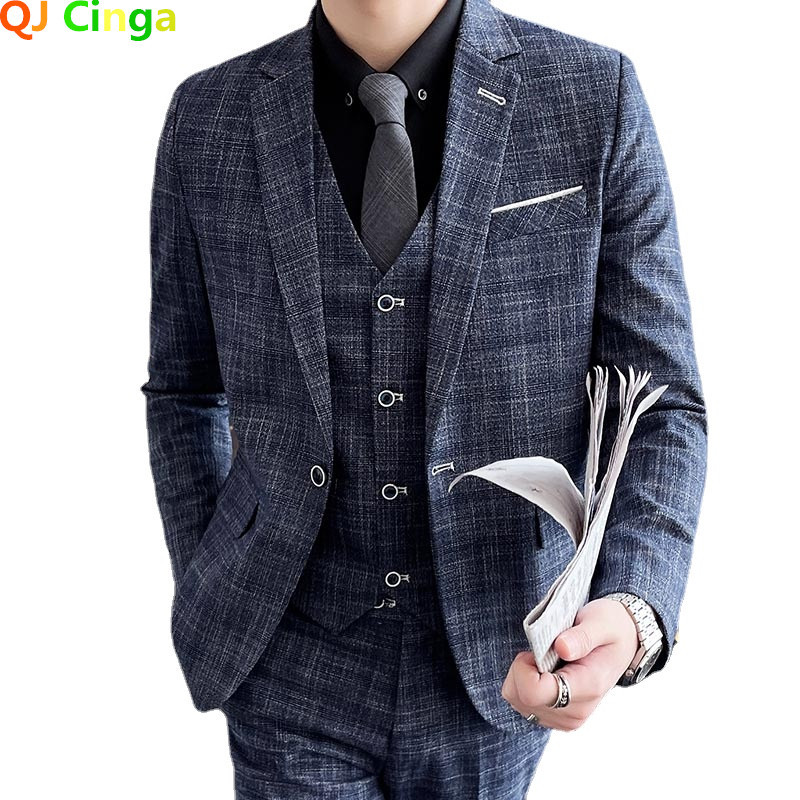Primăvară, toamnă, nou, gri, carouri, 3 piese, bărbați, rochie, haină și pantaloni, vestă, petrecere de nuntă, Terno Masculino S-5XL