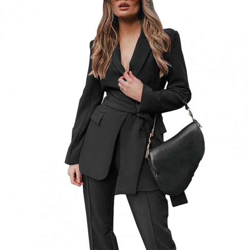 2 bucăți/set costum femeie cu centură de culoare uni guler răsturnat Set haină caldă de toamnă pentru muncă