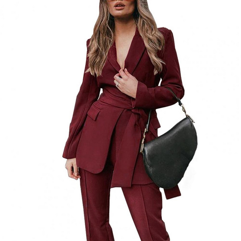 2 bucăți/set costum femeie cu centură de culoare uni guler răsturnat Set haină caldă de toamnă pentru muncă