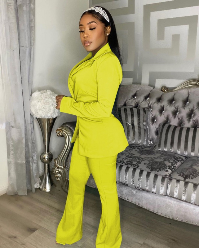 Costumul blazer clasic pentru navetă Set două piese pentru femei Blazer de birou de culoare uni cu bandă elastică Costume cu pantaloni Pantaloni de modă Set OL