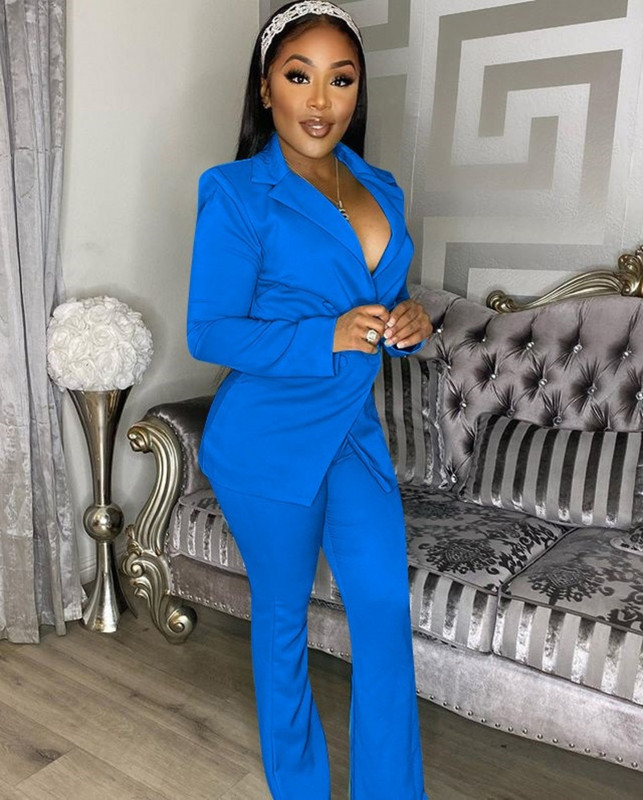 Costumul blazer clasic pentru navetă Set două piese pentru femei Blazer de birou de culoare uni cu bandă elastică Costume cu pantaloni Pantaloni de modă Set OL