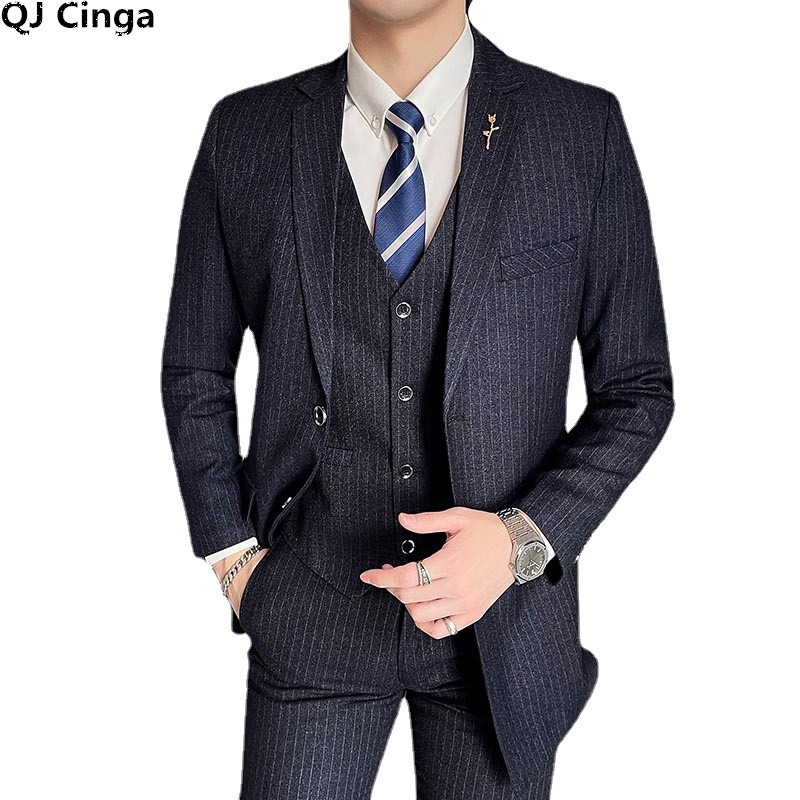 QJ CINGA függőleges csíkos férfi háromrészes öltöny üzleti irodai ruha hosszú kabát és nadrág mellény Divatos Terno Masculino 5xl