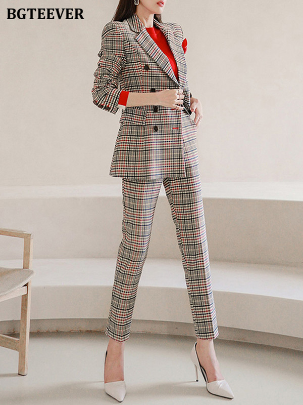 BGTEEVER Stílusos tavaszi női kockás nadrág öltöny, hosszú ujjú, kétsoros blézer és egyenes ceruzanadrág női blézer szett