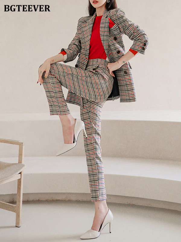 BGTEEVER Stílusos tavaszi női kockás nadrág öltöny, hosszú ujjú, kétsoros blézer és egyenes ceruzanadrág női blézer szett