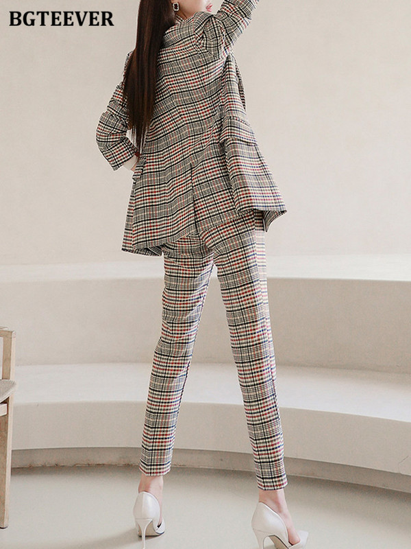 BGTEEVER Stílusos tavaszi női kockás nadrág öltöny, hosszú ujjú, kétsoros blézer és egyenes ceruzanadrág női blézer szett