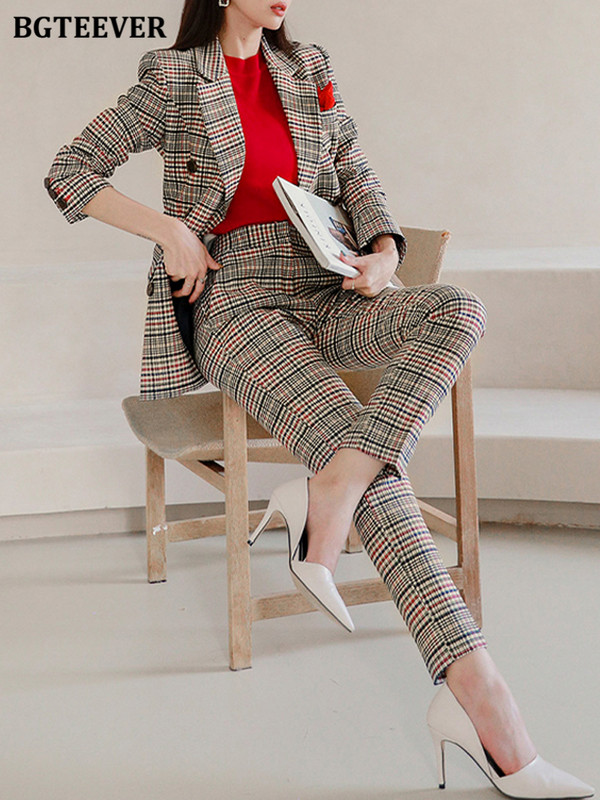 BGTEEVER Stílusos tavaszi női kockás nadrág öltöny, hosszú ujjú, kétsoros blézer és egyenes ceruzanadrág női blézer szett