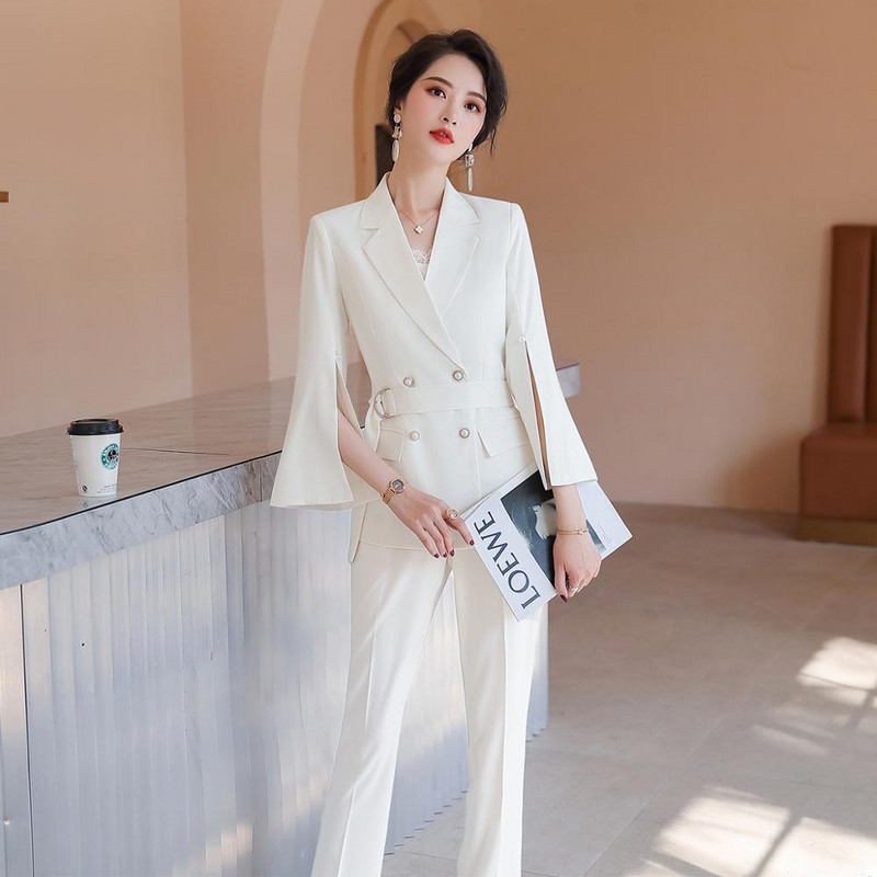 Elegáns, háromnegyedes ujjú női nadrágkosztüm övblézer kabáttal és ceruzanadrág divatos, kétrészes szett 4XL