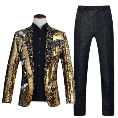 Férfi színpadi báli öltönyök arany ezüst kockás flitteres kabát nadrágok férfi táncfesztivál karácsonyi halloween parti jelmez Homme M-2XL 3XL