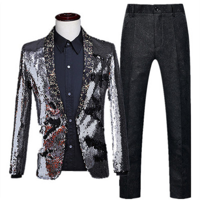 Férfi színpadi báli öltönyök arany ezüst kockás flitteres kabát nadrágok férfi táncfesztivál karácsonyi halloween parti jelmez Homme M-2XL 3XL